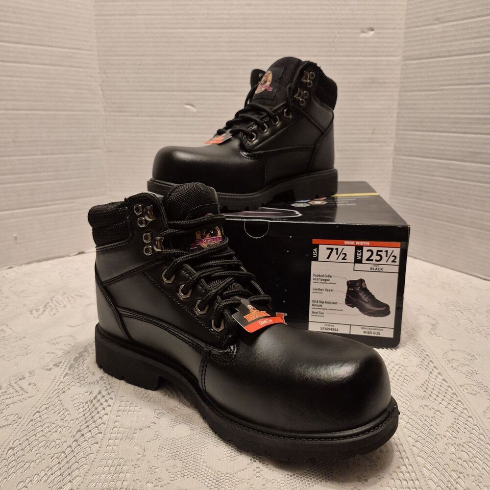 Brahma Mens 7.5 Wide Steel Toe Work Boots Black Leather Slip & Oil Resistant